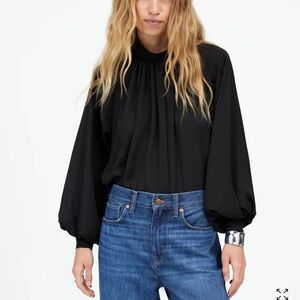 Madewell black chiffon turtleneck blouse.
